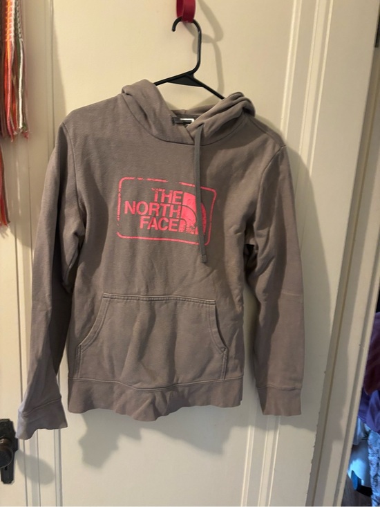The North Face Tops - The North Face Taupe Hoodie with Neon Pink Logo
